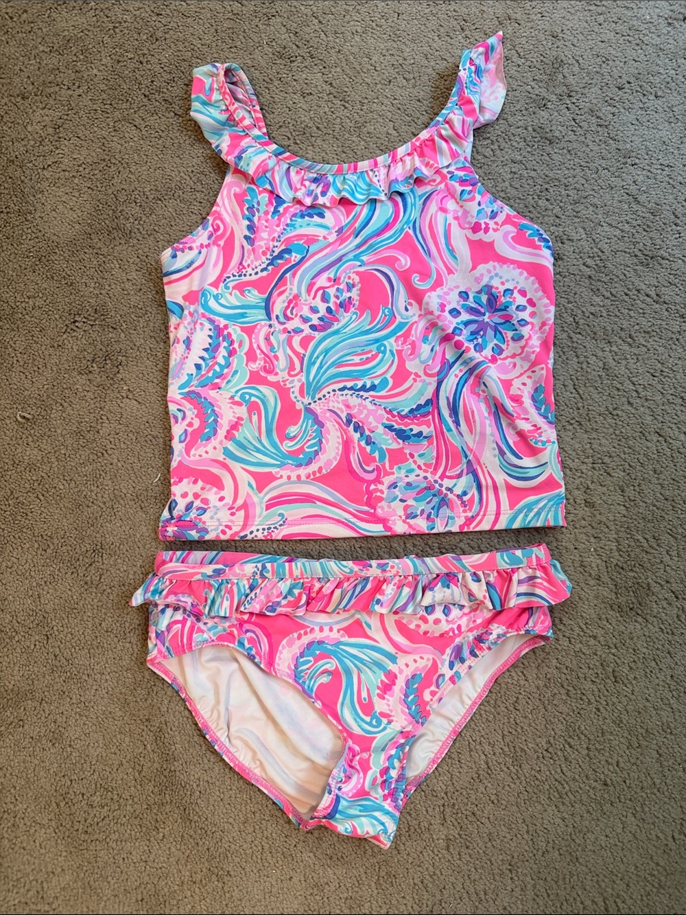 Lilly Pulitzer Pink Aqua Swirl Ruffle Tankini Set - Kids Swim